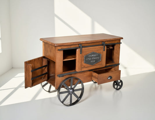 Wine cart/ bar with a vintage look in mango wood open drawer and powder-coated iron wheels with storage.
