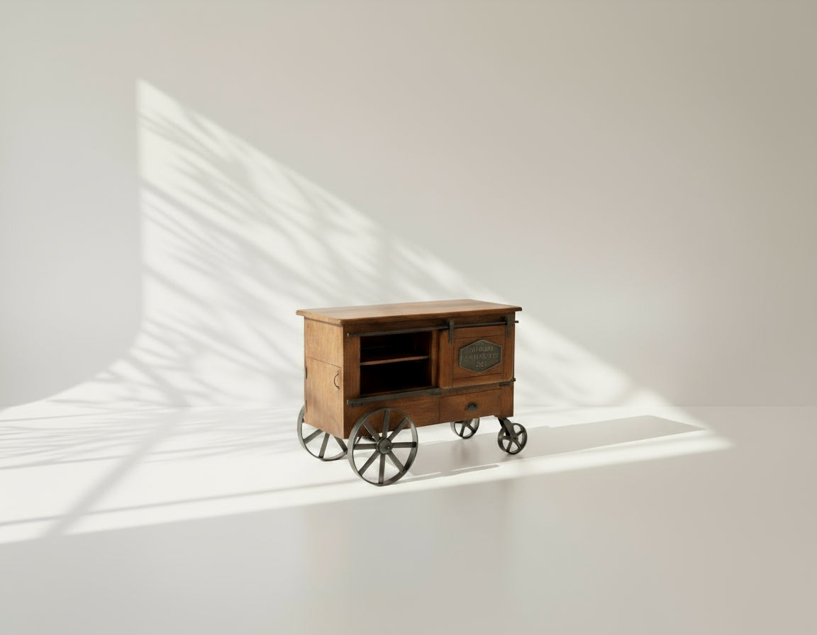 Wine cart/ bar with a vintage look in mango wood and powder-coated iron wheels with storage.
