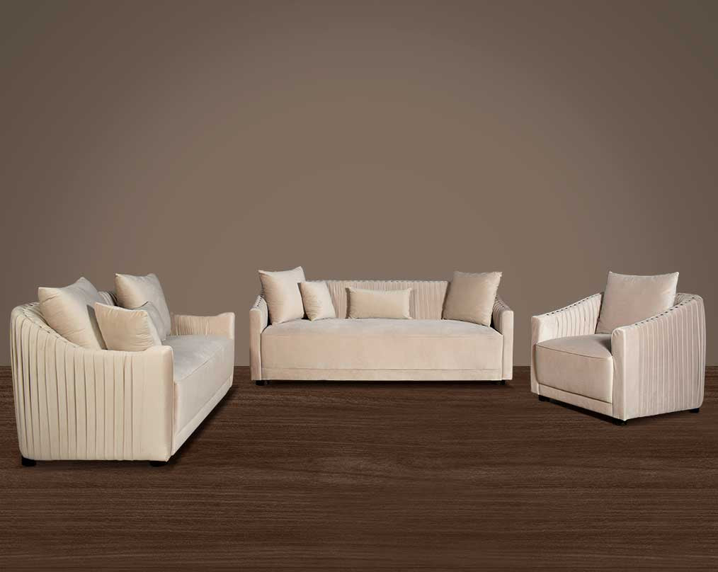 This 3+2+1 sofa is a sensory experience of luxurious relaxation and esoteric design. With a curvilinear silhouette, it features rich fabric upholstery on wooden frame conjuring the right sensations of comfort and inevitable luxury.