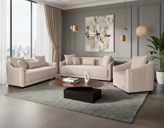 This 3+2+1 sofa  is a sensory experience of luxurious relaxation and esoteric design. With a curvilinear silhouette, it features rich fabric upholstery on wooden frame conjuring the right sensations of comfort and inevitable luxury.