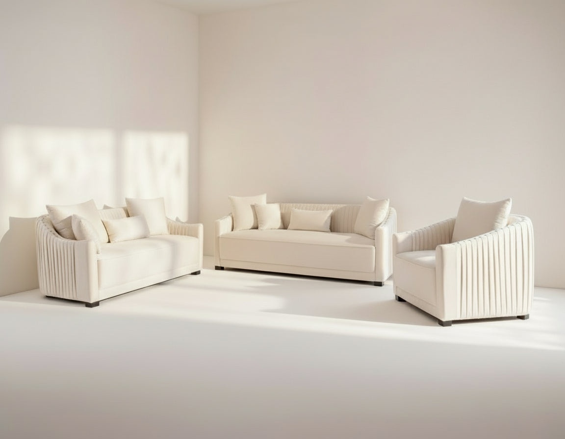 This 3+2+1 sofa  is a sensory experience of luxurious relaxation and esoteric design. With a curvilinear silhouette, it features rich fabric upholstery on wooden frame conjuring the right sensations of comfort and inevitable luxury.