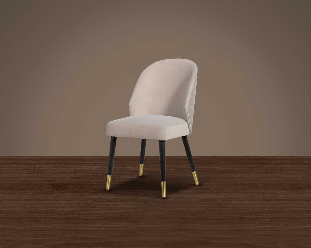 Minimalistically designed chair with wooden legs for enhanced durability. it is a contemporary must-have with padded fabric upholstery with a walnut base & metal splayed legs.