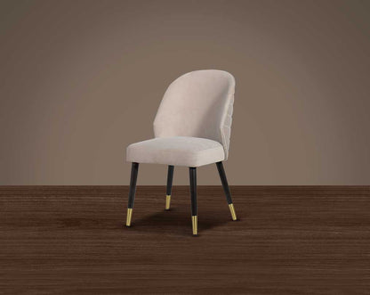 Minimalistically designed chair with wooden legs for enhanced durability. it is a contemporary must-have with padded fabric upholstery with a walnut base & metal splayed legs.
