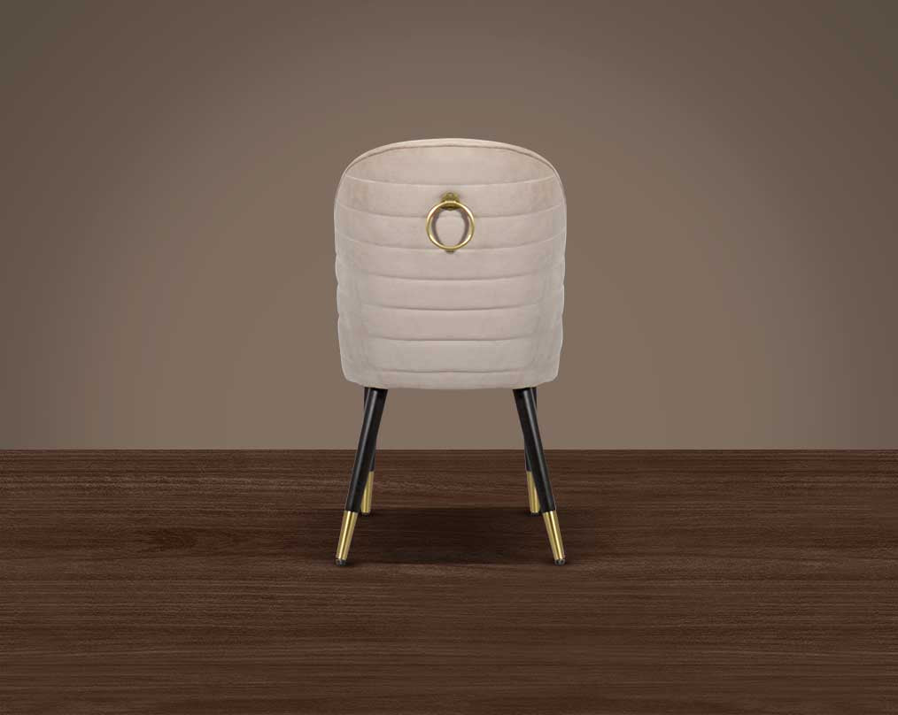 Minimalistically designed chair with back  wooden legs for enhanced durability. it is a contemporary must-have with padded fabric upholstery with a walnut base & metal splayed legs.