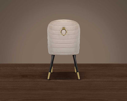 Minimalistically designed chair with back  wooden legs for enhanced durability. it is a contemporary must-have with padded fabric upholstery with a walnut base & metal splayed legs.