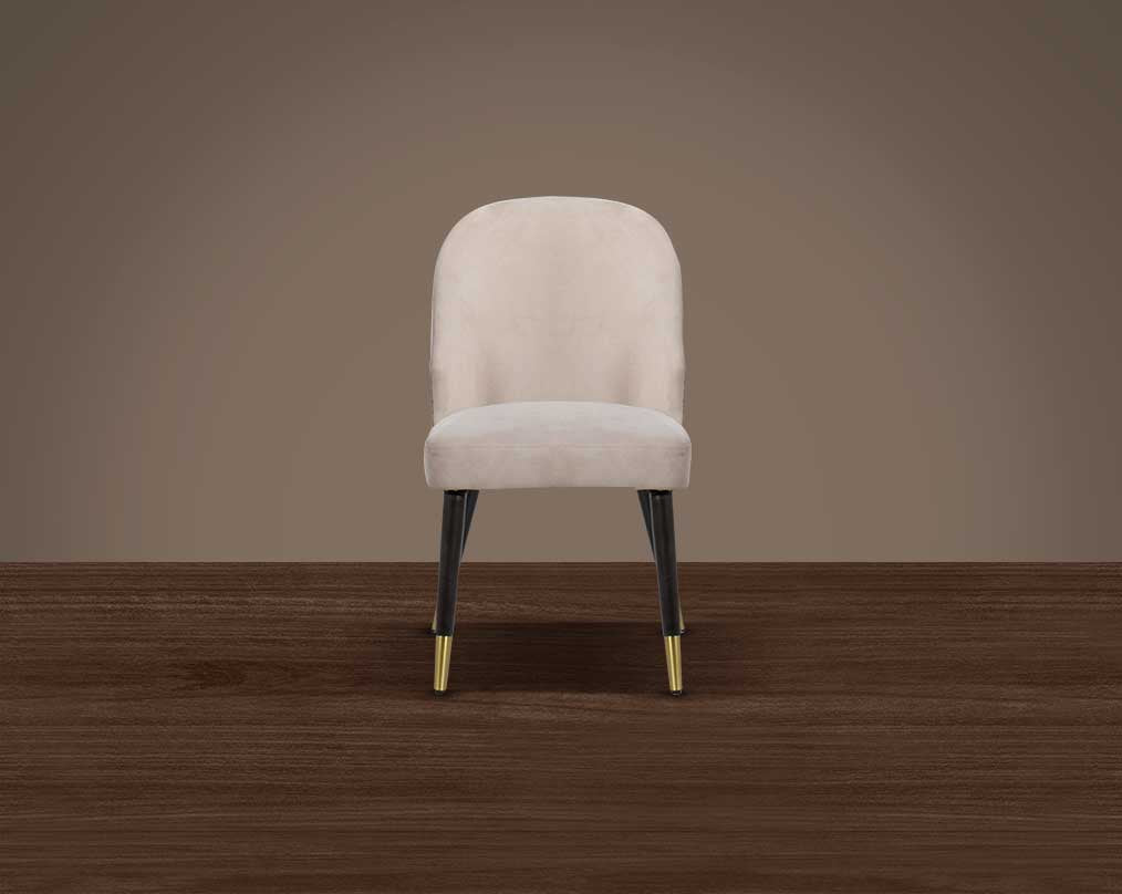 Minimalistically designed chair with front  wooden legs for enhanced durability. it is a contemporary must-have with padded fabric upholstery with a walnut base & metal splayed legs.