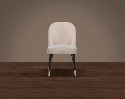 Minimalistically designed chair with front  wooden legs for enhanced durability. it is a contemporary must-have with padded fabric upholstery with a walnut base & metal splayed legs.