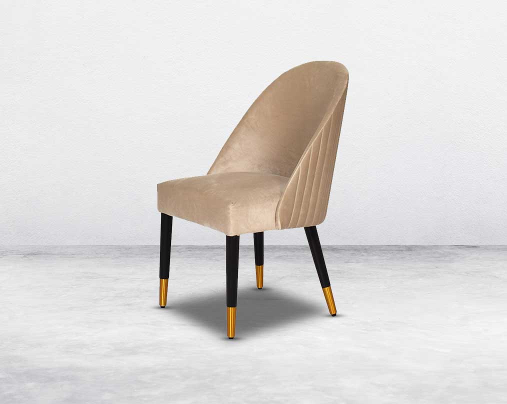 "Minimalistically designed chair with wooden legs for enhanced durability. it is a contemporary must have with padded fabric upholstery with a walnut base & metal splayed legs "