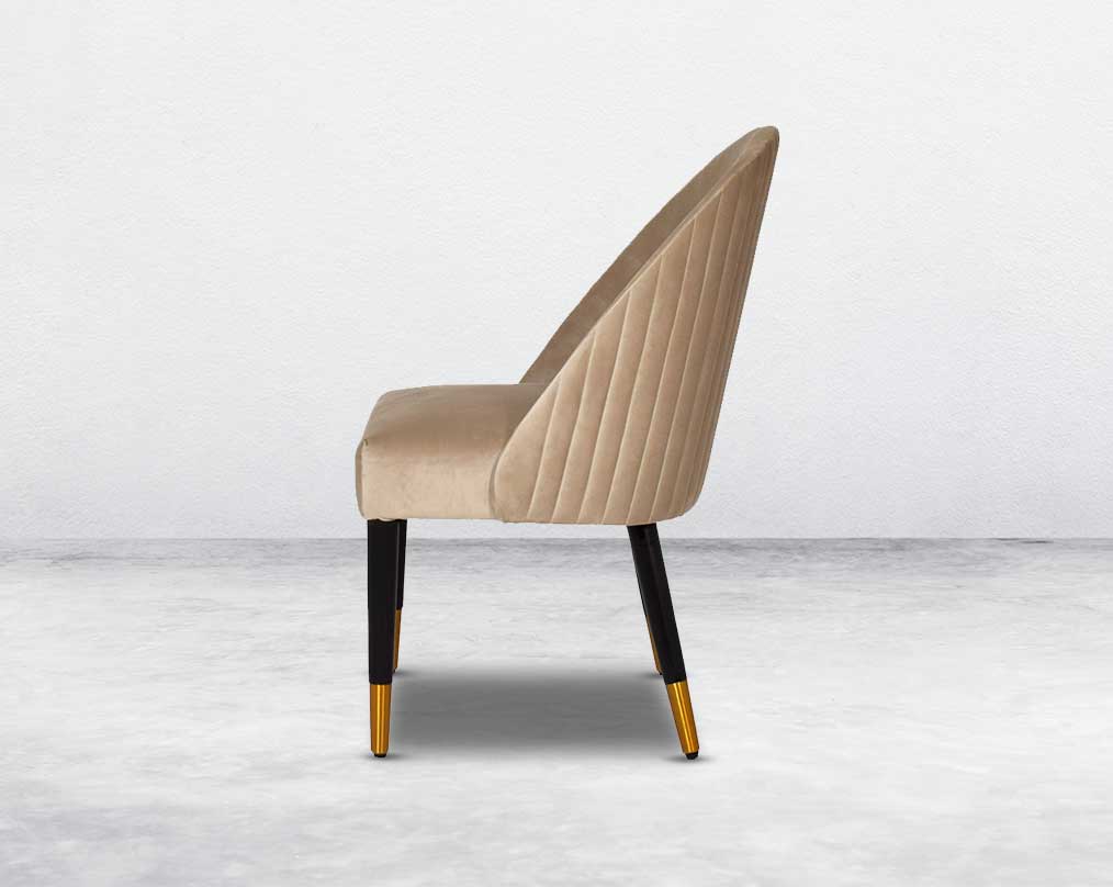 "Minimalistically designed chair with wooden legs for enhanced durability. it is a contemporary must have with padded fabric upholstery with a walnut base & metal splayed legs "