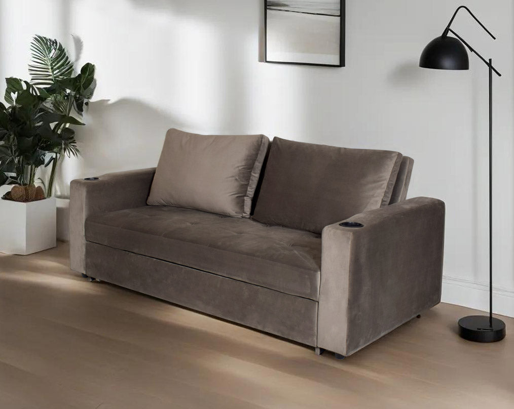 Our stylish sofa cum bed that enhances the aesthetic appeal of your living space. Featuring wide arm rests with two glass holders and deep cushioned seat that offers maximum utility space.