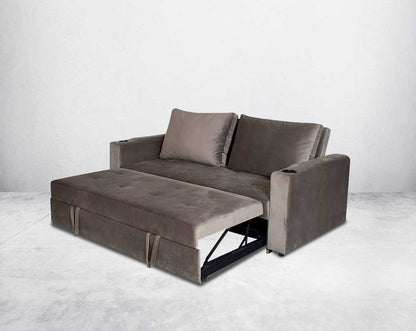 Our stylish sofa cum bed that enhances the aesthetic appeal of your living space. Featuring wide arm rests with two glass holders and deep cushioned seat that offers maximum utility space. It comes upholstered in fabric with wooden legs