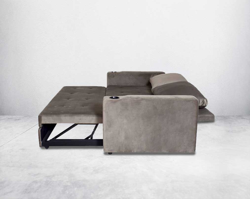 Our stylish sofa cum bed that enhances the aesthetic appeal of your living space. Featuring wide arm rests with two glass holders and deep cushioned seat that offers maximum utility space. It comes upholstered in fabric with wooden legs