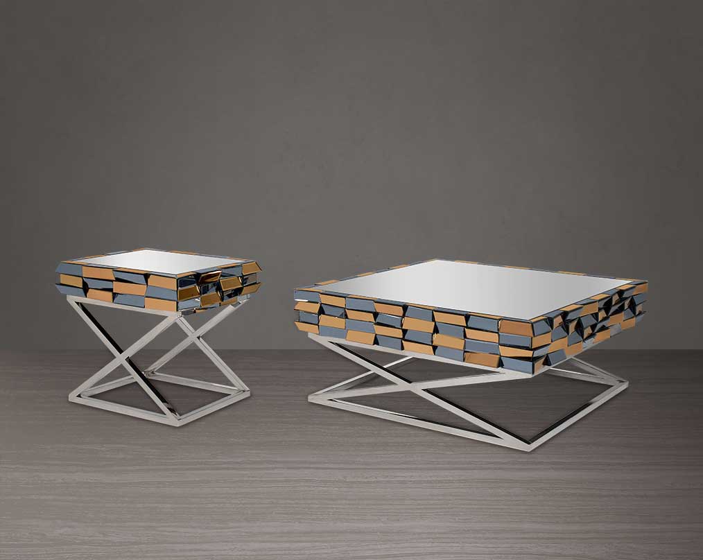 Coffee table with a transparent glass top, a mirror in shades of grey and tawny, and highly polished, cross-shaped stainless steel legs. End table with a transparent glass top, a mirror in shades of grey and tawny, and highly polished, cross-shaped stainl