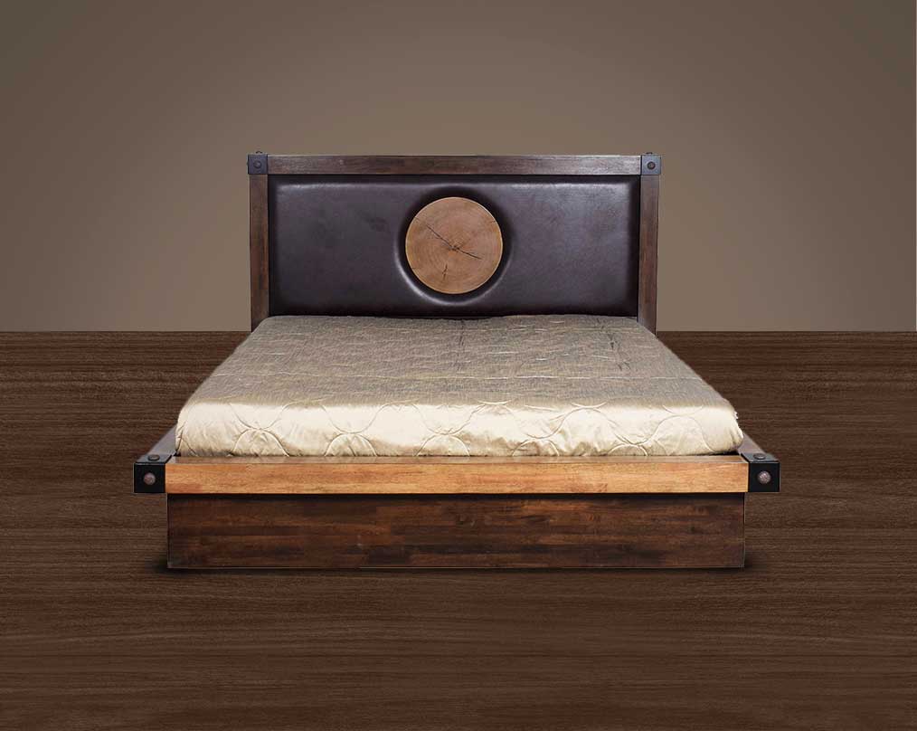 High back bed in king size in wood & oak veneer with upholstered back in faux leather, with storage.
