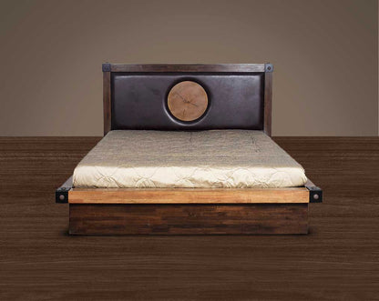 High back bed in king size in wood & oak veneer with upholstered back in faux leather, with storage.
