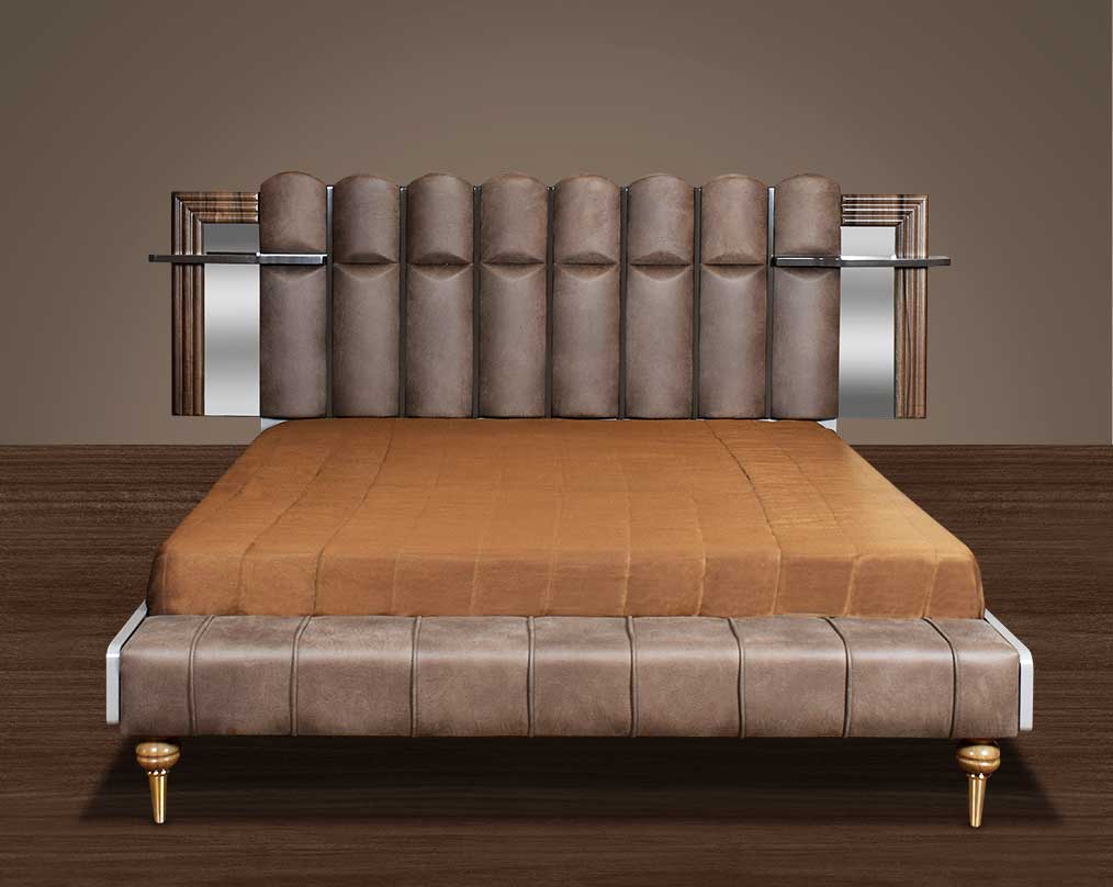 This beautiful art deco stylish bed features a high headboard upholstered in fabric & a grey glossy finish with mirrors & shelves on both sides. It renders hydraulic storage & adds a regal look to the entire bedroom.