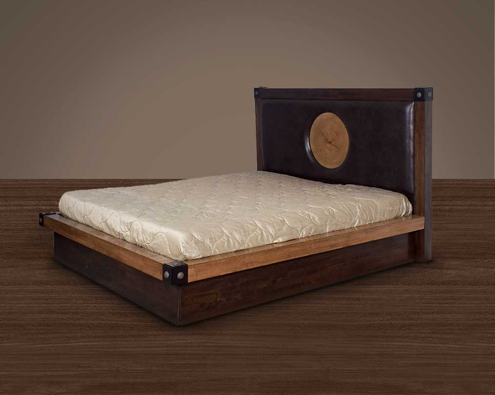 High back bed in king size in wood & oak veneer with upholstered back in faux leather, with storage.
