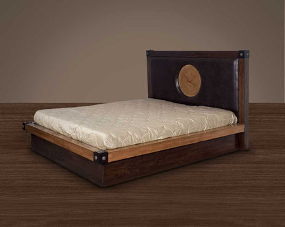 High back bed in king size in wood & oak veneer with upholstered back in faux leather, with storage.
