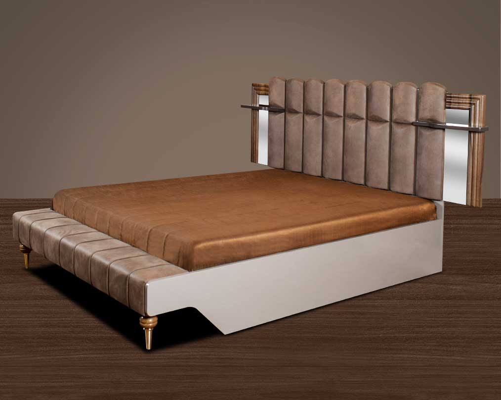 This beautiful art deco stylish bed features a high headboard upholstered in fabric & a grey glossy finish with mirrors & shelves on both sides. It renders hydraulic storage & adds a regal look to the entire bedroom.