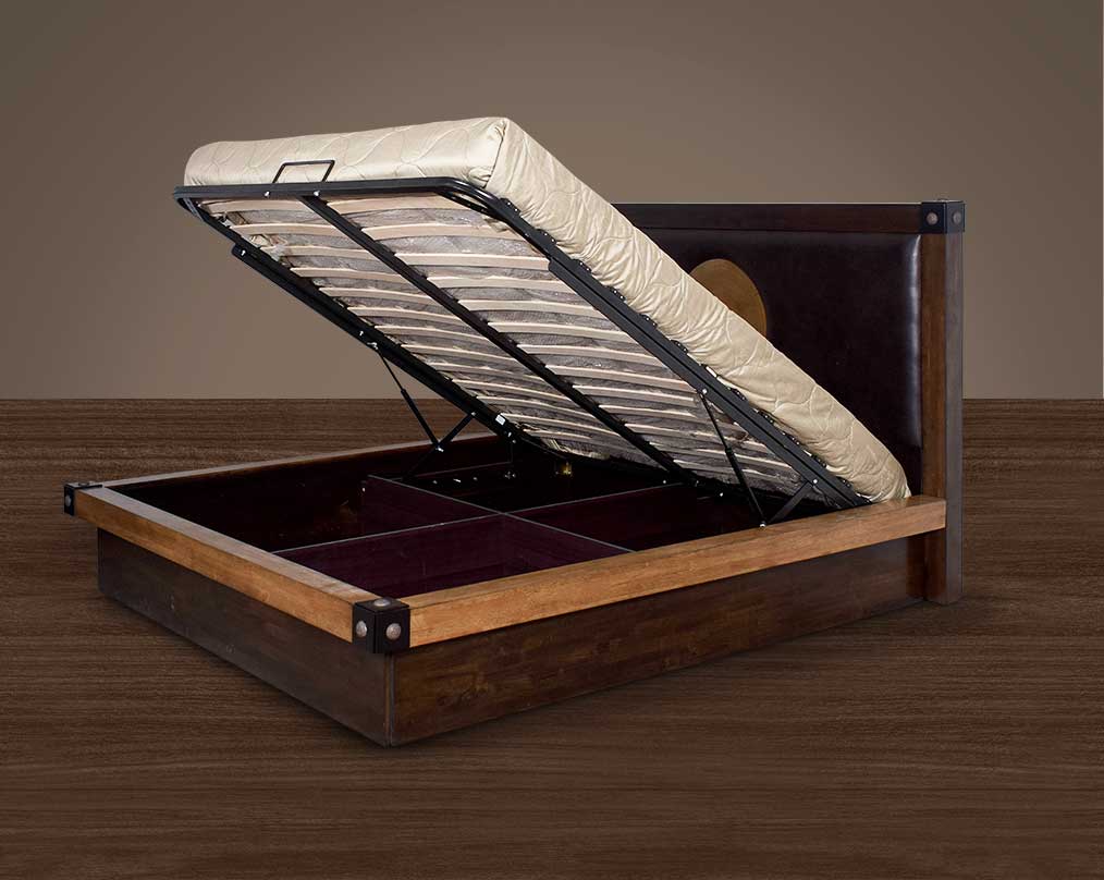 High back bed open in king size in wood & oak veneer with upholstered back in faux leather, with storage.
