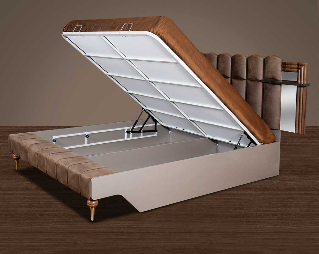 This beautiful art deco stylish bed  open features a high headboard upholstered in fabric & a grey glossy finish with mirrors & shelves on both sides. It renders hydraulic storage & adds a regal look to the entire bedroom.