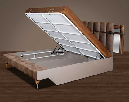 This beautiful art deco stylish bed  open features a high headboard upholstered in fabric & a grey glossy finish with mirrors & shelves on both sides. It renders hydraulic storage & adds a regal look to the entire bedroom.