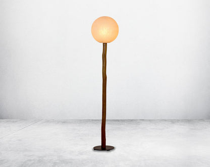 Floor lamp in fibre with wooden stand in balinese design. large 