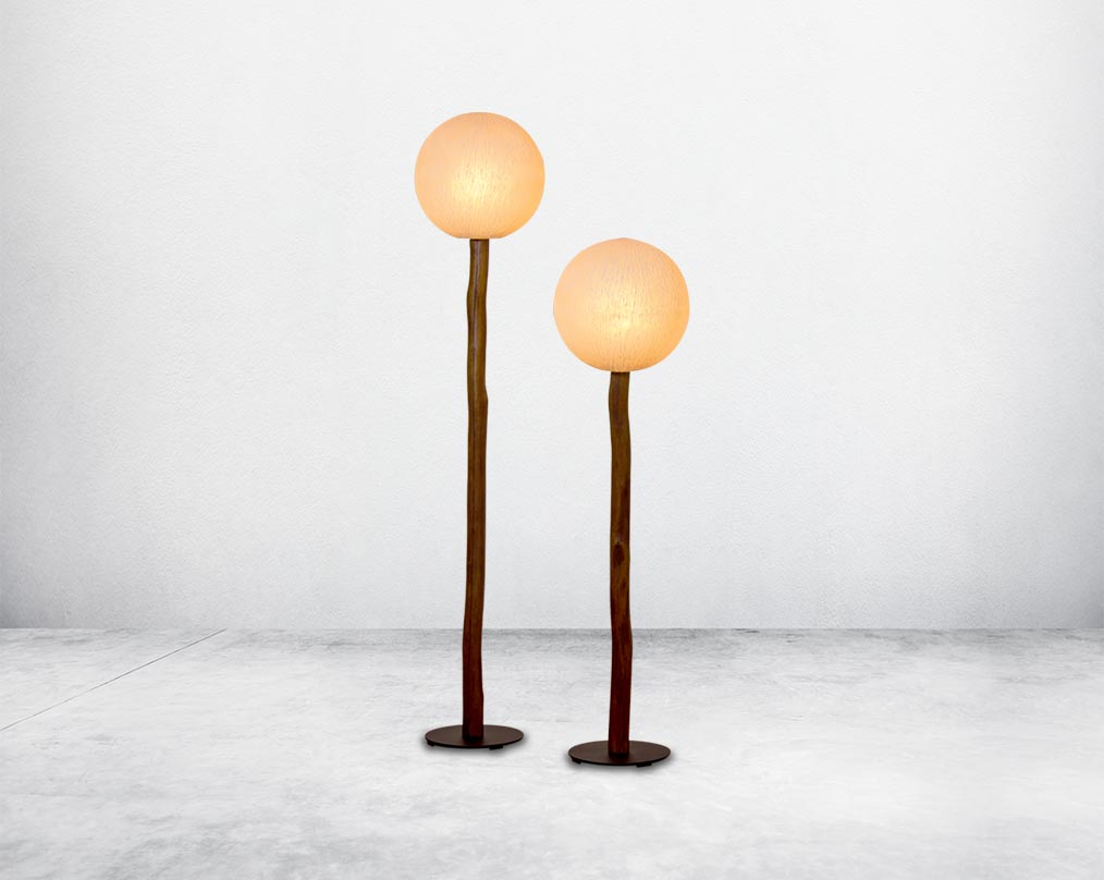 Floor lamp in fibre with wooden stand in balinese design1 large 2 small