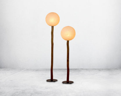 Floor lamp in fibre with wooden stand in balinese design1 large 2 small