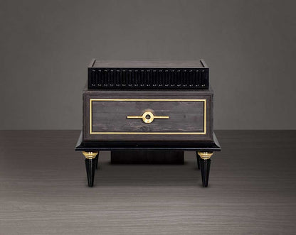 Bedside closed drawer  table in dark oak finish with antique gold design motif and two drawers with golden handles in modern classic design.