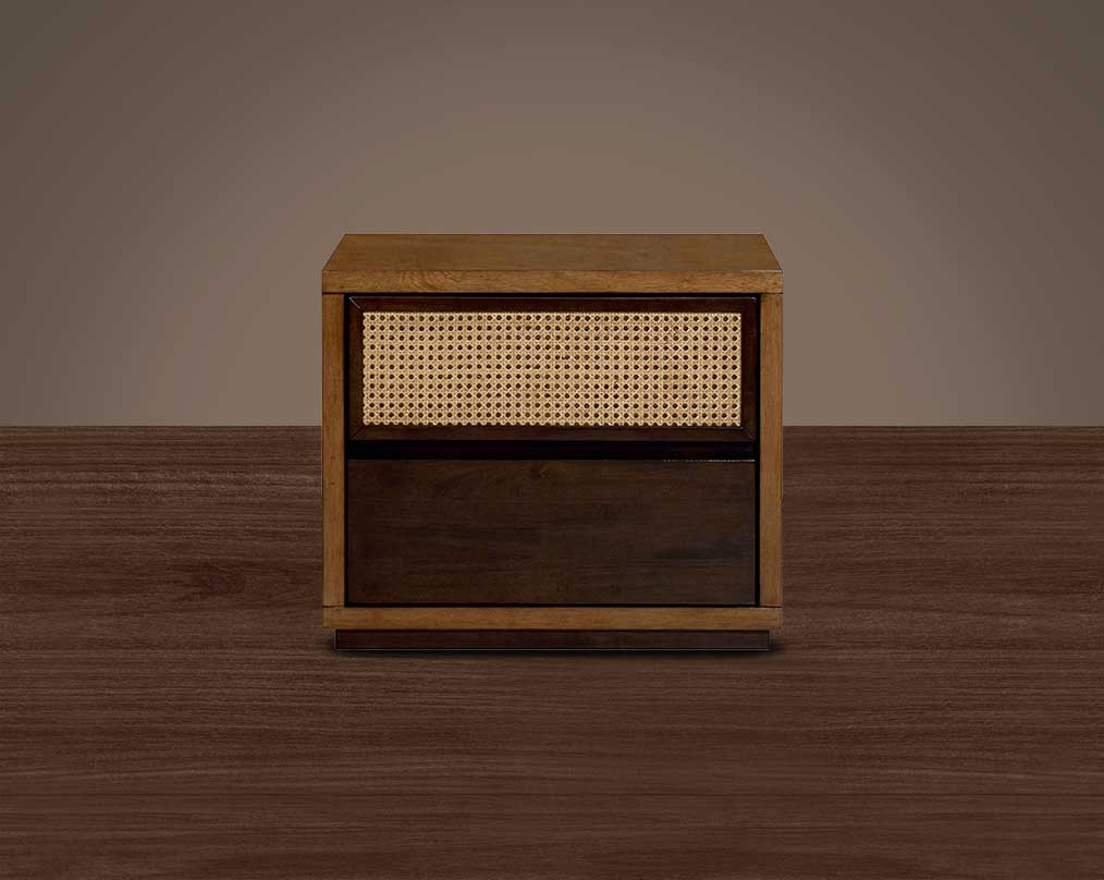 Bedside table with one drawer in dark walnut & oak veneer and one bamboo knitted drawer.