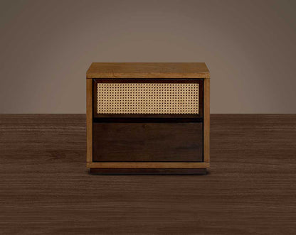 Bedside table with one drawer in dark walnut & oak veneer and one bamboo knitted drawer.