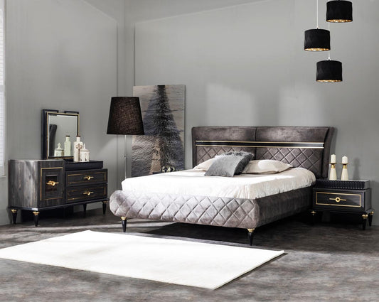 High back bed in king size in dark oak upholstered & quilted in fabric with antique gold design motif in modern classic design. The bed comes with hydraulic lift storage. Bedside table in dark oak finish with antique gold design motif and two drawers with