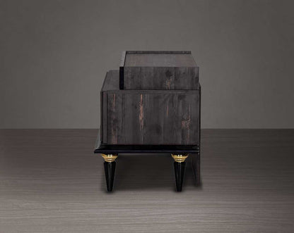 Bedside table in dark oak finish with antique gold design motif and two drawers with golden handles in modern classic design back view