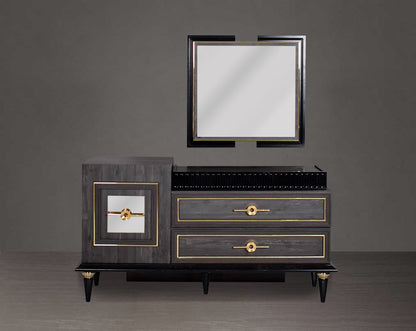 Dresser with mirror to complement in dark oak finish with antique gold design motif and two drawers with golden handles in modern classic design.