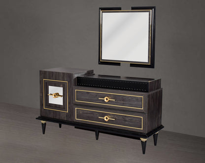 Dresser with mirror to complement in dark oak finish with antique gold design motif and two drawers with golden handles in modern classic design.