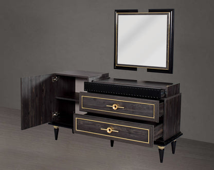 Dresser with mirror to complement in dark oak finish with antique gold design motif and two  open drawers with golden handles in modern classic design.