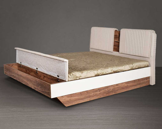 High back bed in king size upholstered in faux leather with hydraulic lift storage in light walnut base side view