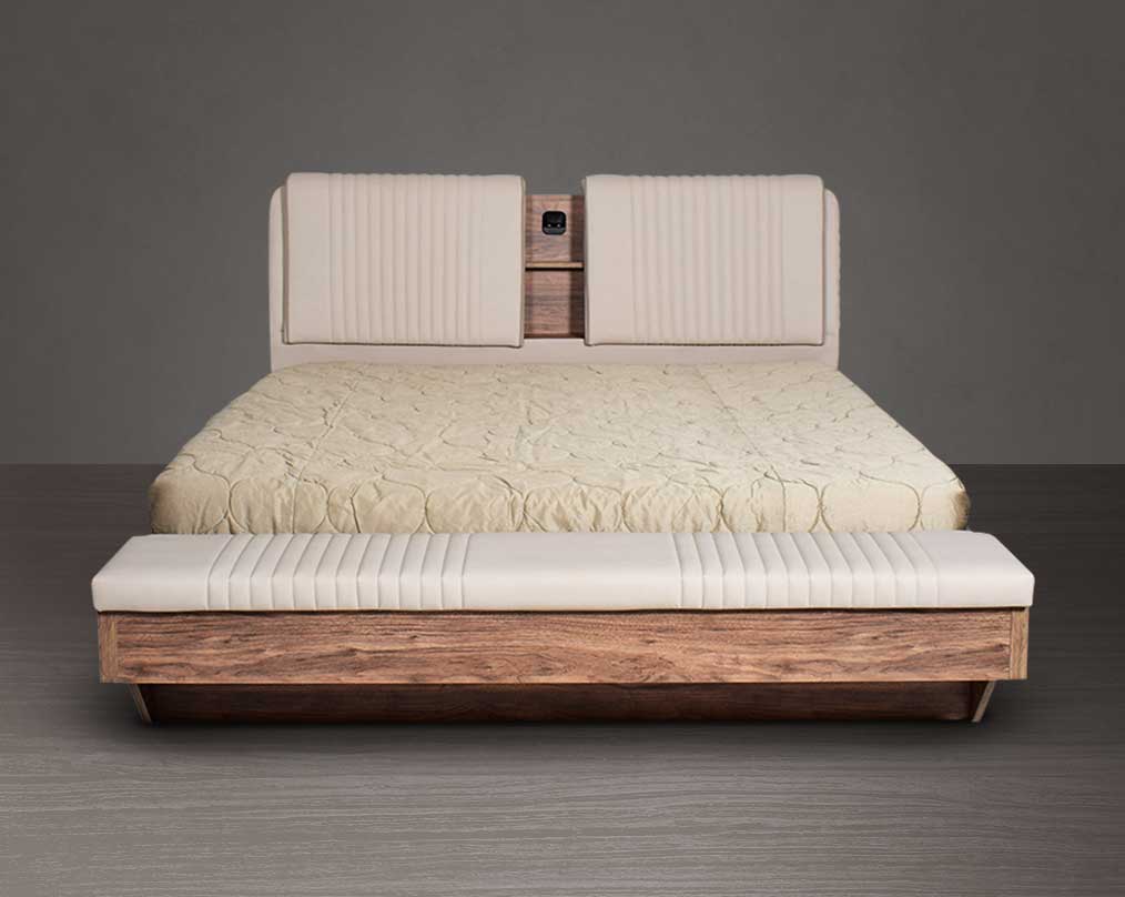 High back bed in king size upholstered in faux leather with hydraulic lift storage in light walnut base front view