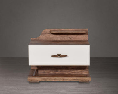 Bedside table in light walnut with one drawer in glossy finish with LED light in the base to compliment it front view