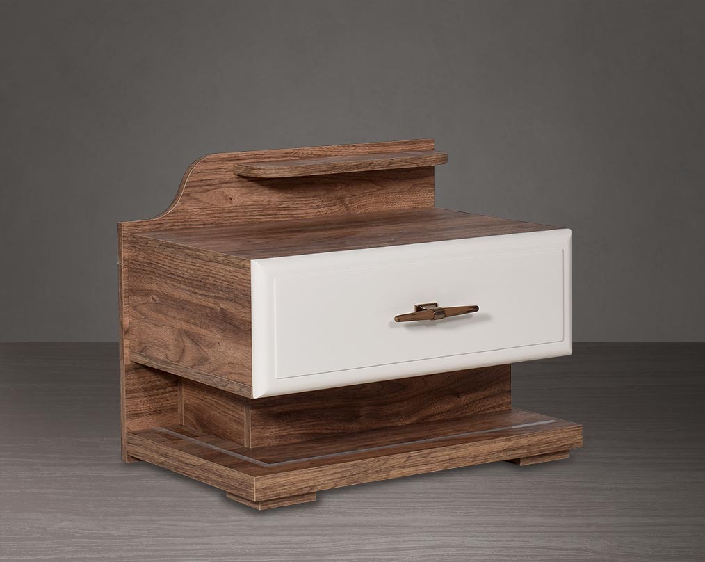 Bedside table in light walnut with one drawer in glossy finish with LED light in the base to compliment it side view