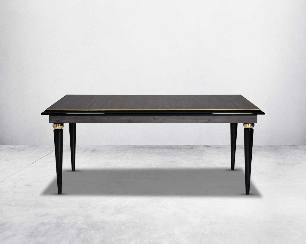 6 seater rectangular dining table in dark oak finish with front view an antique gold rim in wooden legs in modern classic design