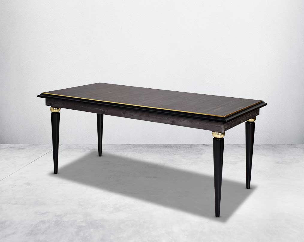 6 seater rectangular dining table in dark oak finish with an antique gold rim in wooden legs in modern classic design