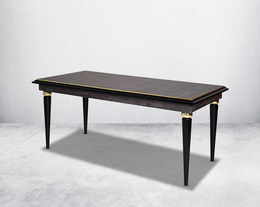 6 seater rectangular dining table in dark oak finish with an antique gold rim in wooden legs in modern classic design