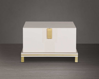 Bedside table lacquered in high gloss with a spacious drawer with front view  gold finish handle & base.