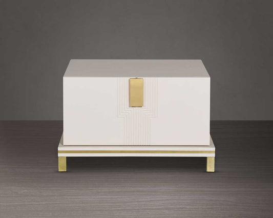 Bedside table lacquered in high gloss with a spacious drawer with front view  gold finish handle & base.