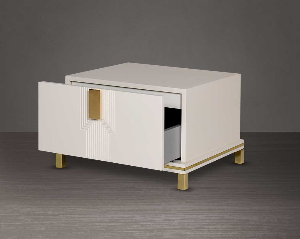 Bedside table lacquered in high gloss with a spacious open drawer with gold finish handle & base.