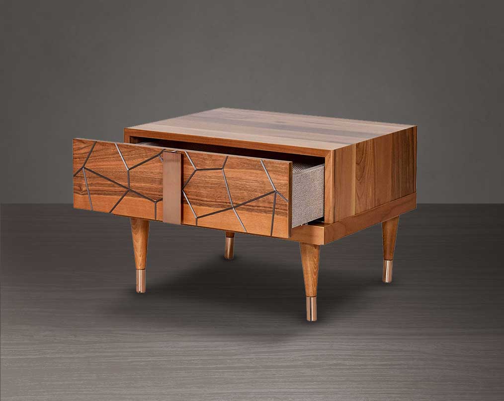 Symmetry and style define this eye-catching bedside table open drawer , constructed from walnut veneer in a geometric pattern, one drawer with a rose gold plated stainless steel handle with wood base.