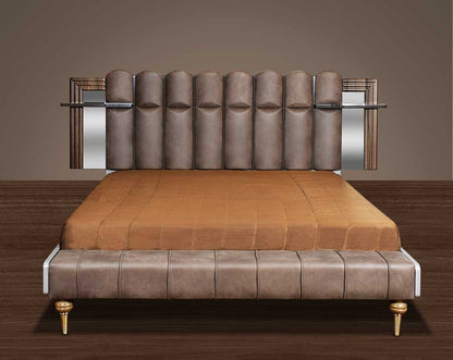 This beautiful art deco stylish bed features a high headboard upholstered in fabric & a grey glossy finish with mirrors & shelves on both sides. 