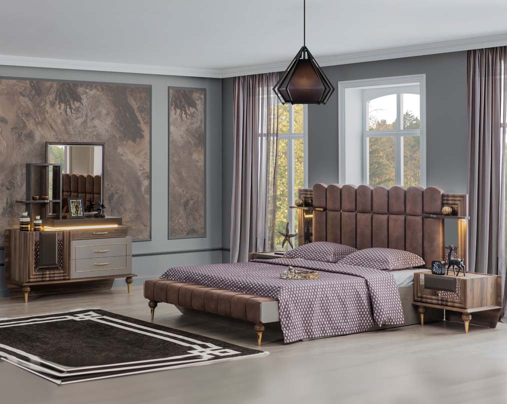 This beautiful art deco stylish bed features a high headboard upholstered in fabric & a grey glossy finish with mirrors & shelves on both sides.